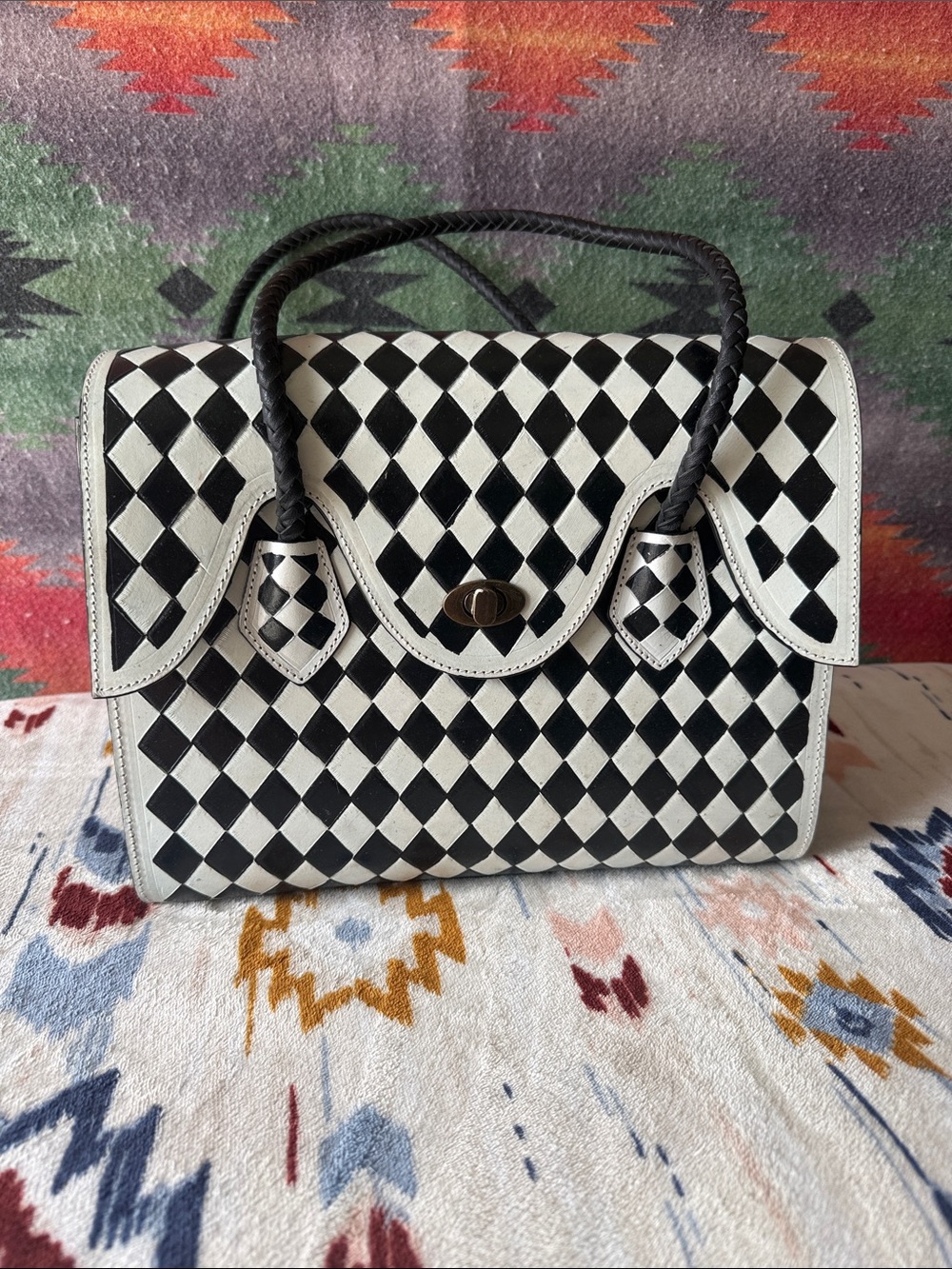 Hand painted Black & White leather  Checkered bag
